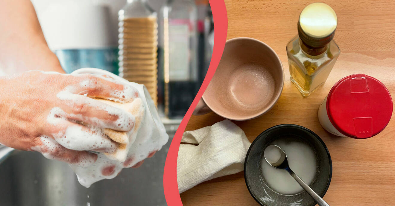 En delad bild, händer som diskar en kopp, och en bild på en kopp, salt och vinäger och en skål.