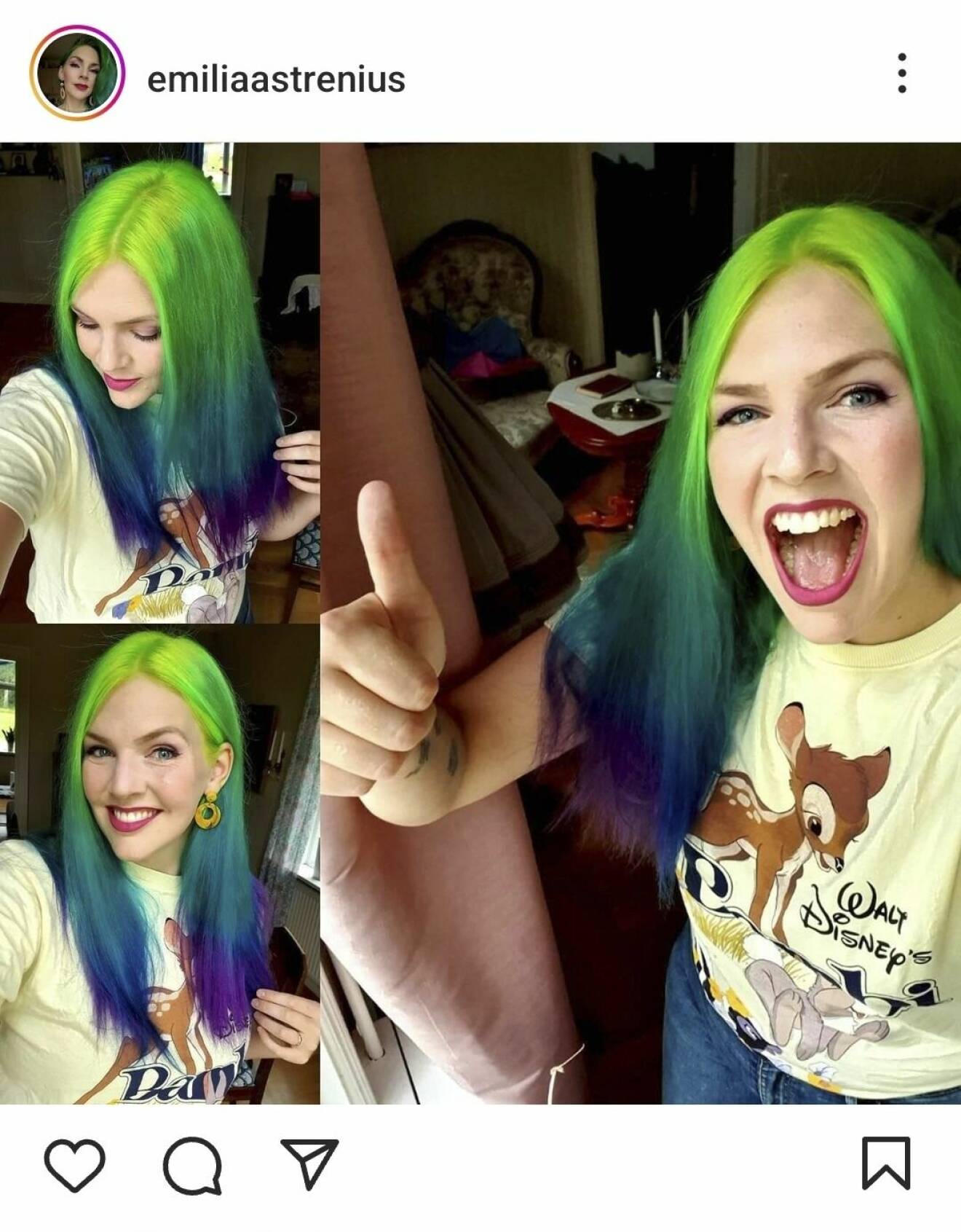 Emilia Astrenius i ny hårfärg. Neongrönt i botten med blå och lila toppar. Hon ler mot kameran och gör tummen upp.