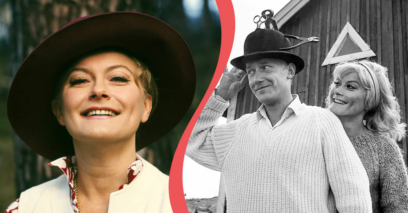 Monica Zetterlund i hatt och en bild på Monica och Gösta Ekman.