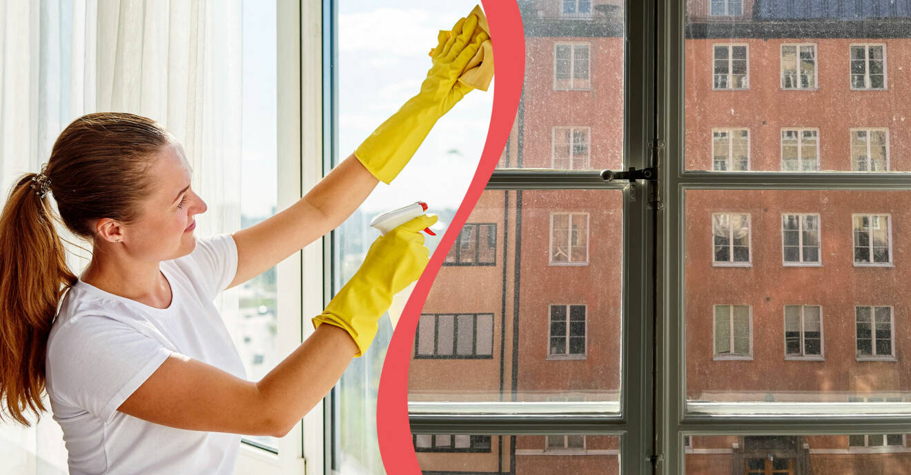 En kvinna tvättar fönster och ett smutsigt fönster.