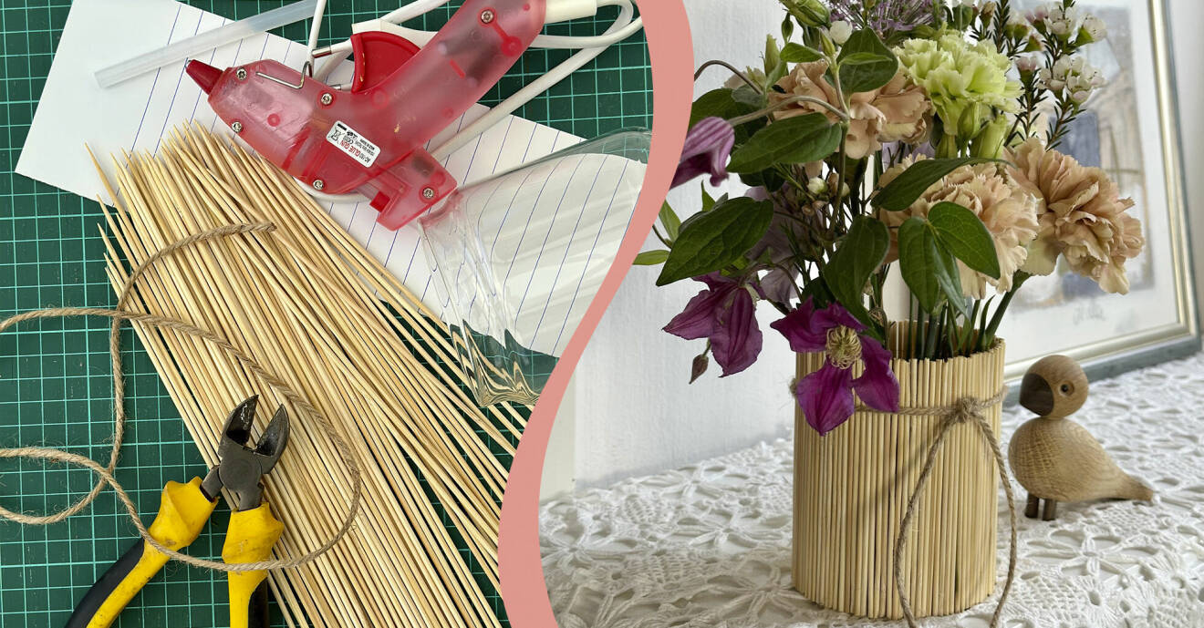 En vas beklädd med grillpinnar, blommor och pysselmaterial.