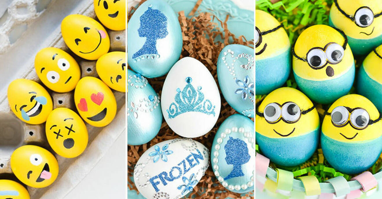 Måla päskäggen till emojis, frost-karaktärer och minioner med barnen i påsk.