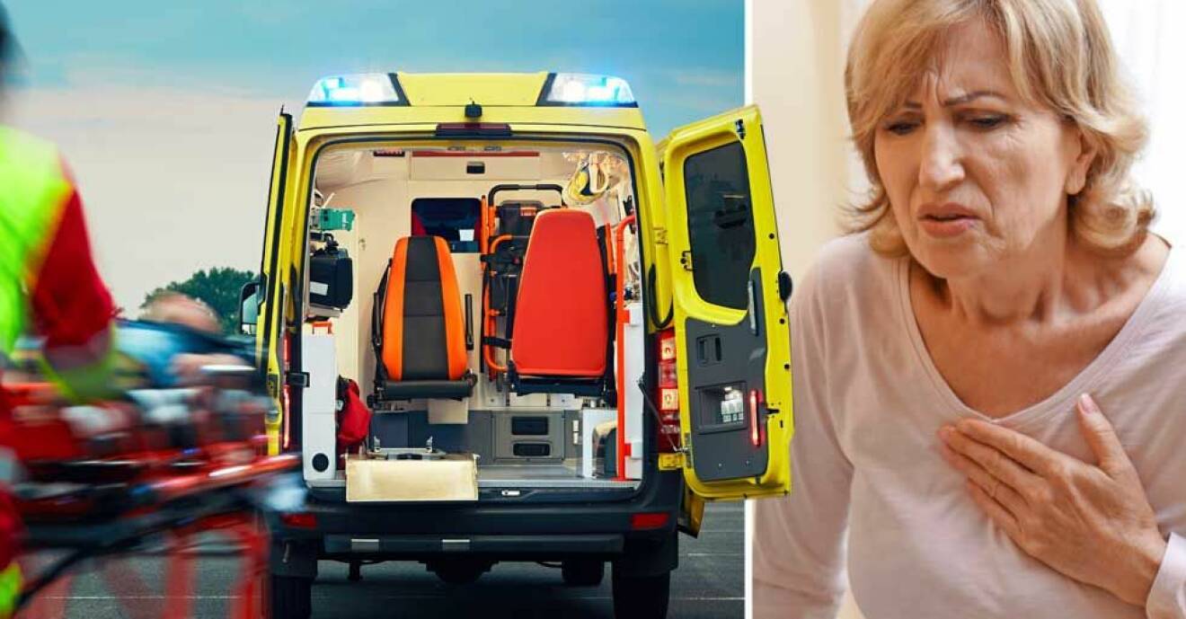 Delad bild, till vänster ambulans med öppna dörrar. till höger, kvinna som håller sig för hjärtat.
