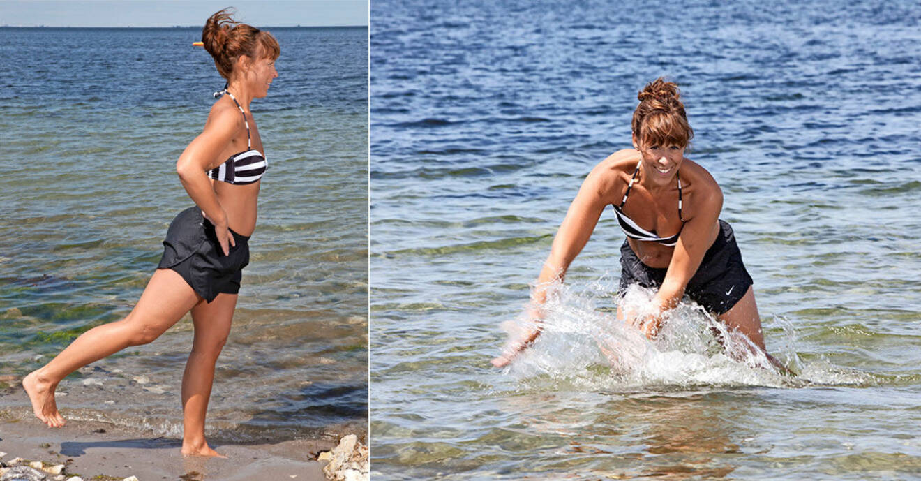 Åsa Rippe visar övningar för vattengympa på stranden
