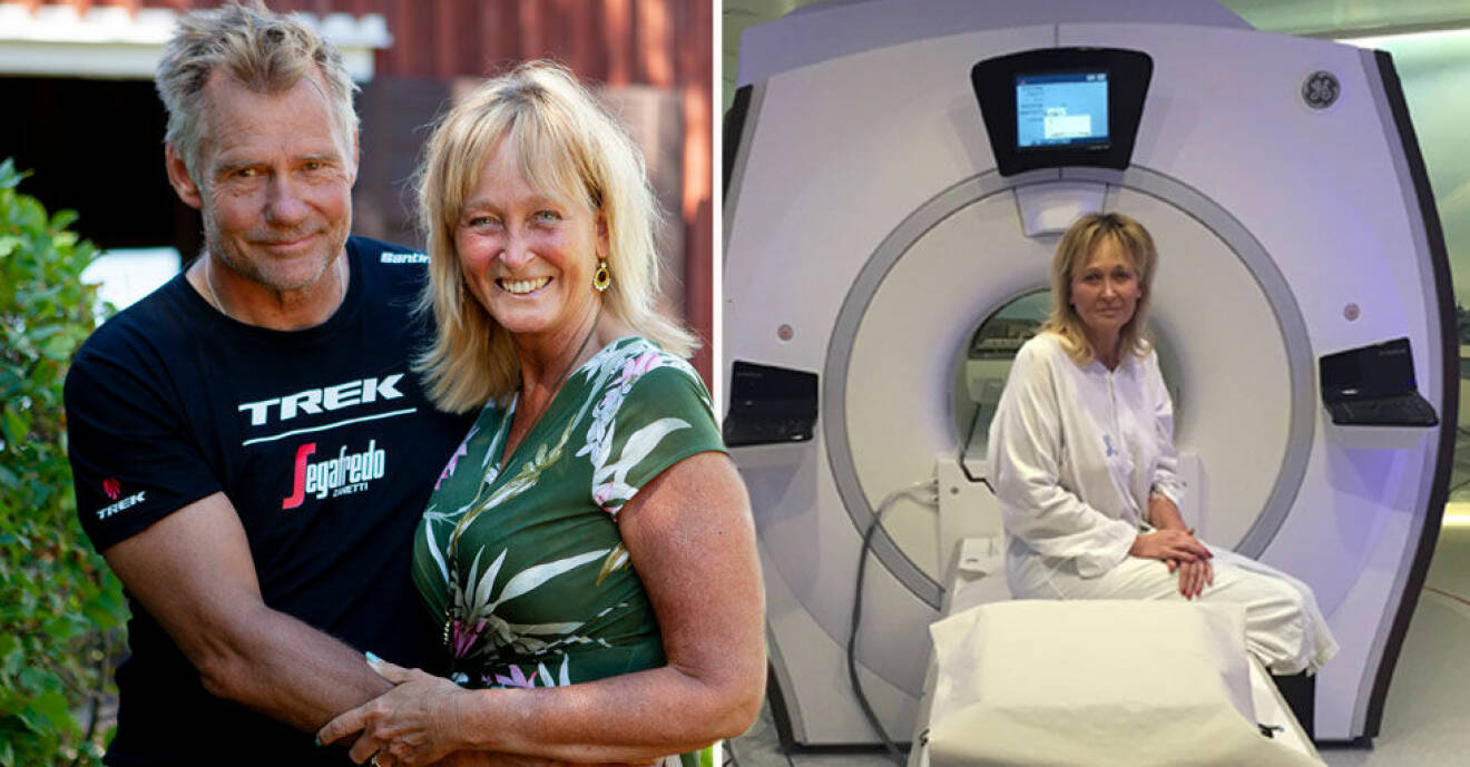Pamela Andersson med sin man Christer, till vänster, och vid behandling mot cancern, till höger.