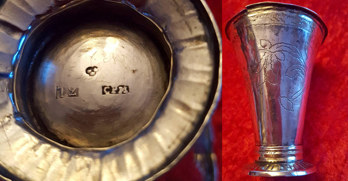 Två bilder av antik silverbägare