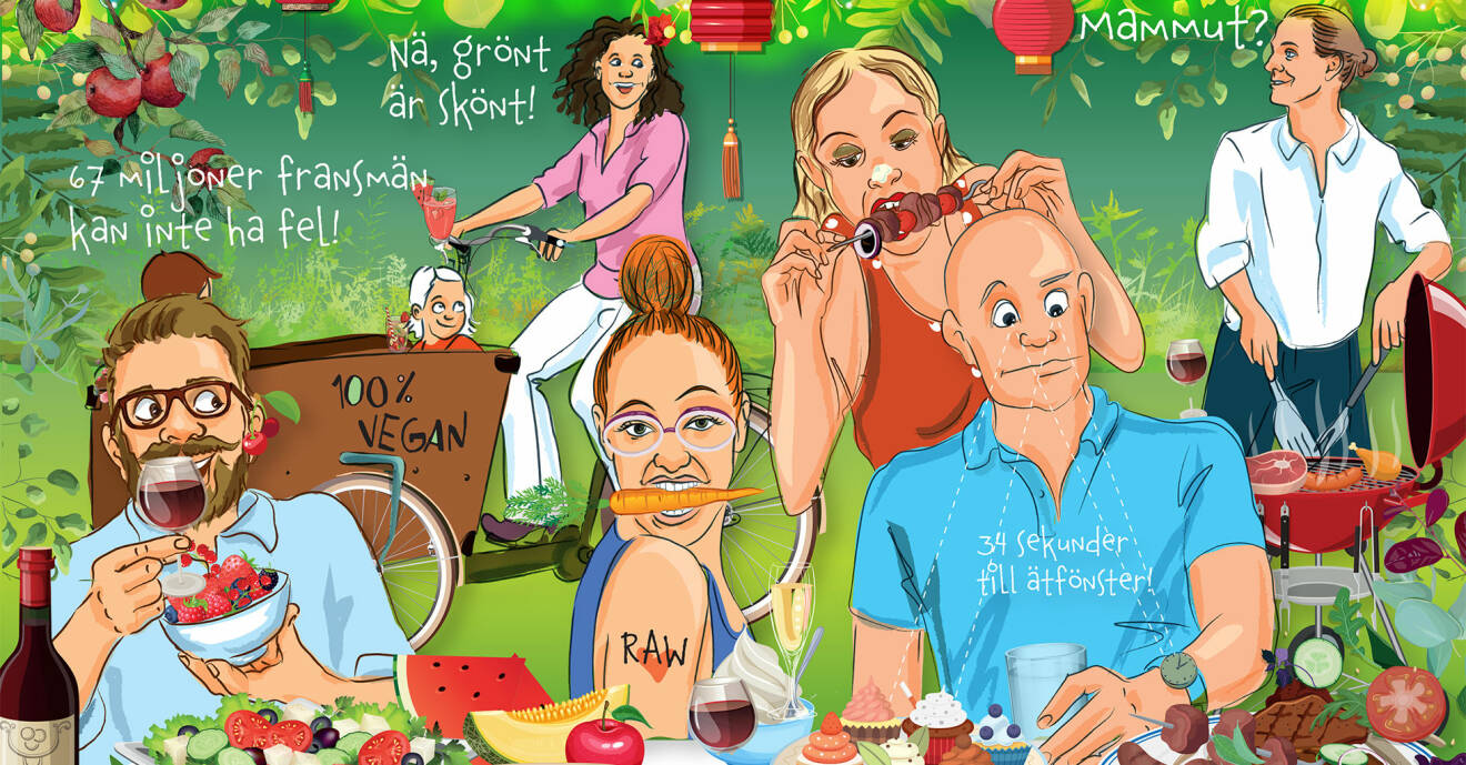 Illustration med människor som sitter och äter