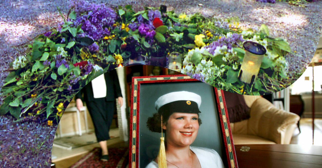 Porträtt av Helle som mördades. Ovanför hennes syns blommor från minnesstenen i Falun.