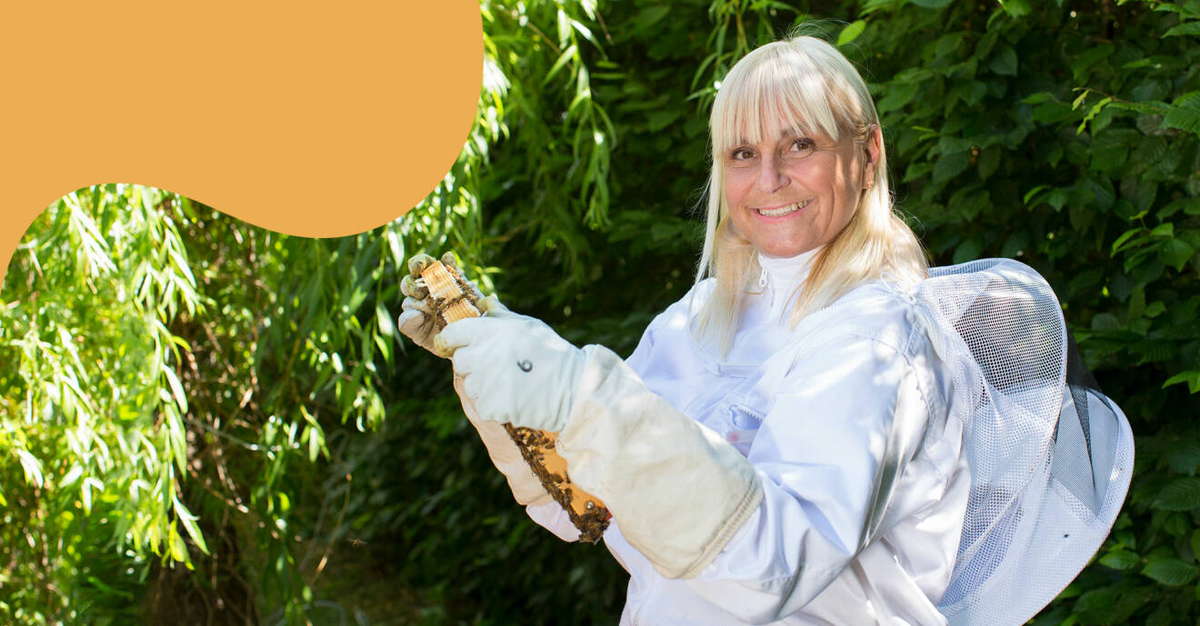 Stina Hedlund i biodlardräkt granskar ram från bikupan