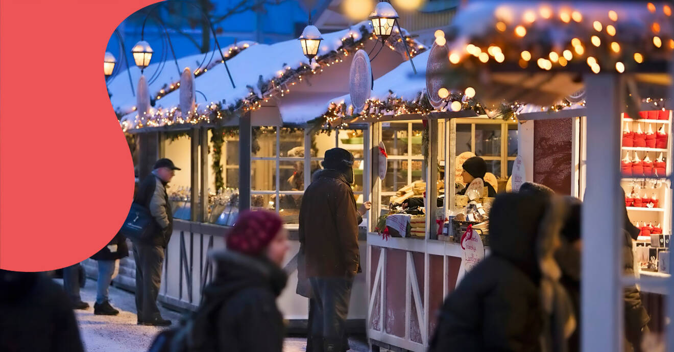 Människor på en av Sveriges alla mysiga julmarknader.