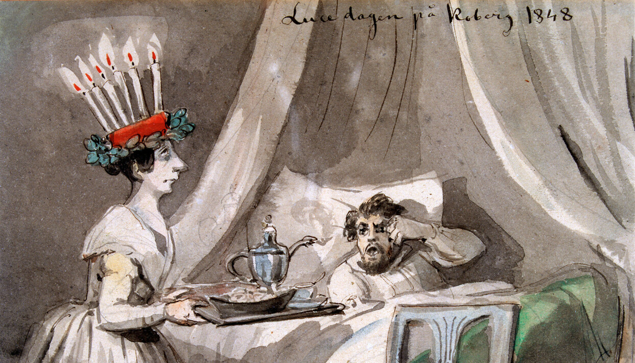 Lucedagen på Koberg 1848 är den äldsta kända bilden av en lucia. Tuschteckning av Fritz von Dardel. Foto: Anne-Marie Eriksson, Nordiska museet. Lucedagen på Koberg 1848, tuschteckning av Fritz von Dardel.