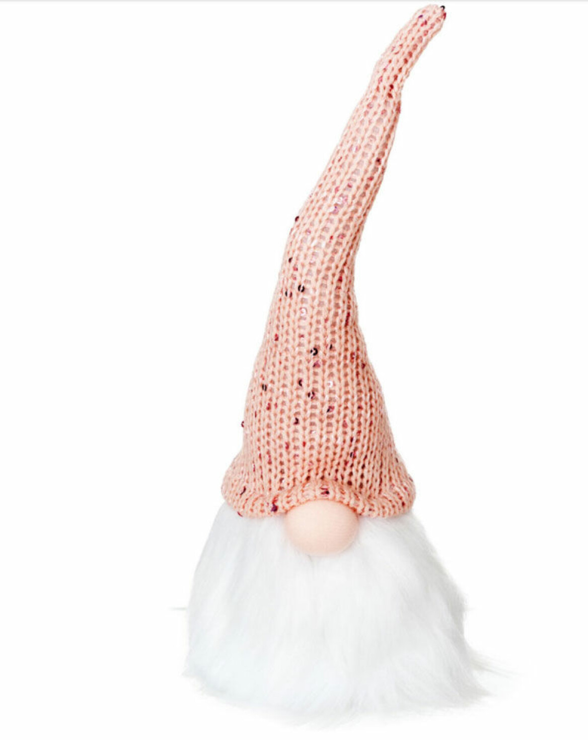 Tomte med rosa luva och stort vitt skägg.