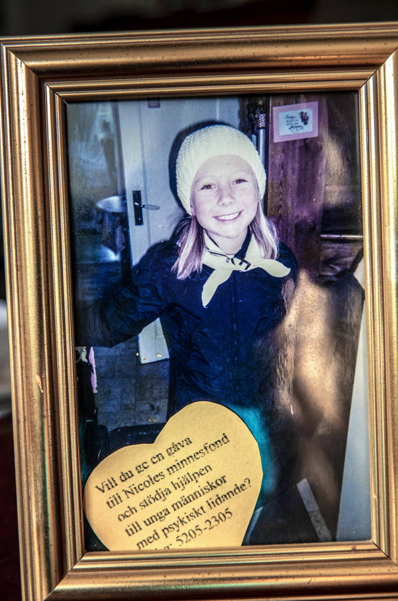 Bild av Nicole med information om minnesfonden som mamma Isabell har skapat.