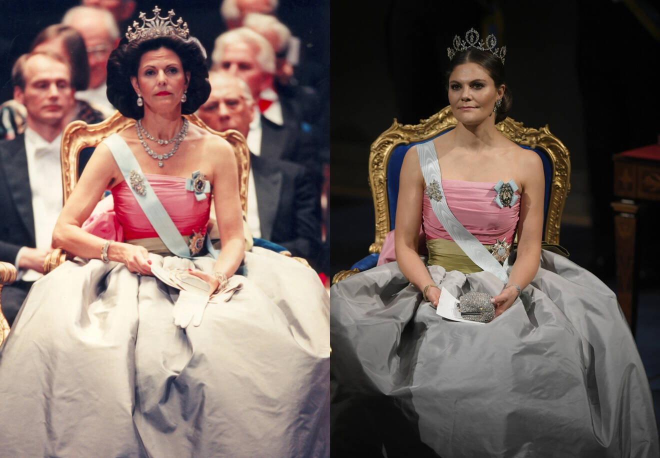 Drottning Silvia under Nobelprisets utdelning 1995 och kronprinsessan Victoria under Nobelprisets utdelning 2018.