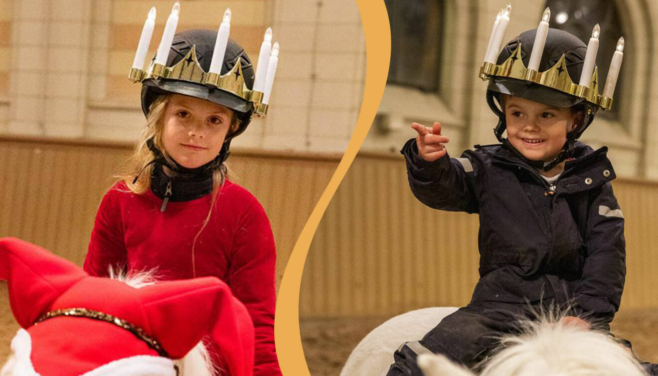 Prinsessan Estelle och prins Oscar lussar till häst julen 2019.