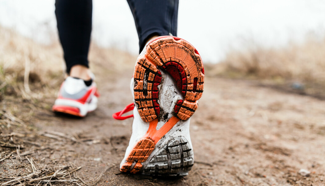 En kort promenad gör gott dagen efter en brakfest. Foto: Shutterstock/TT Kvinna ute och promenerar i sina löparskor.