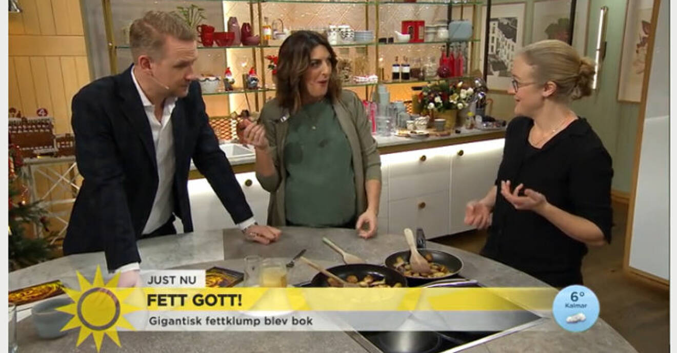 Scen från TV4:s Nyhetsmorgon när Soraya och Jesper får smaka potatis stekt i olika sorters fett.