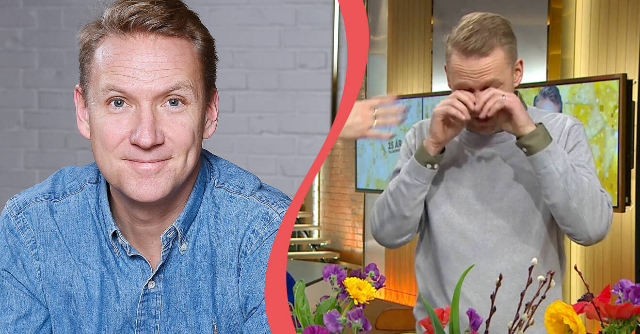 Jesper Börjesson gråter under sin sista dag på Nyhetsmorgon i TV4.