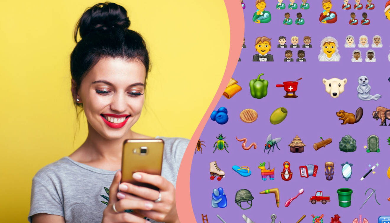 Kollage av nya emojis 2020 och en kvinna som tittar i mobilen.