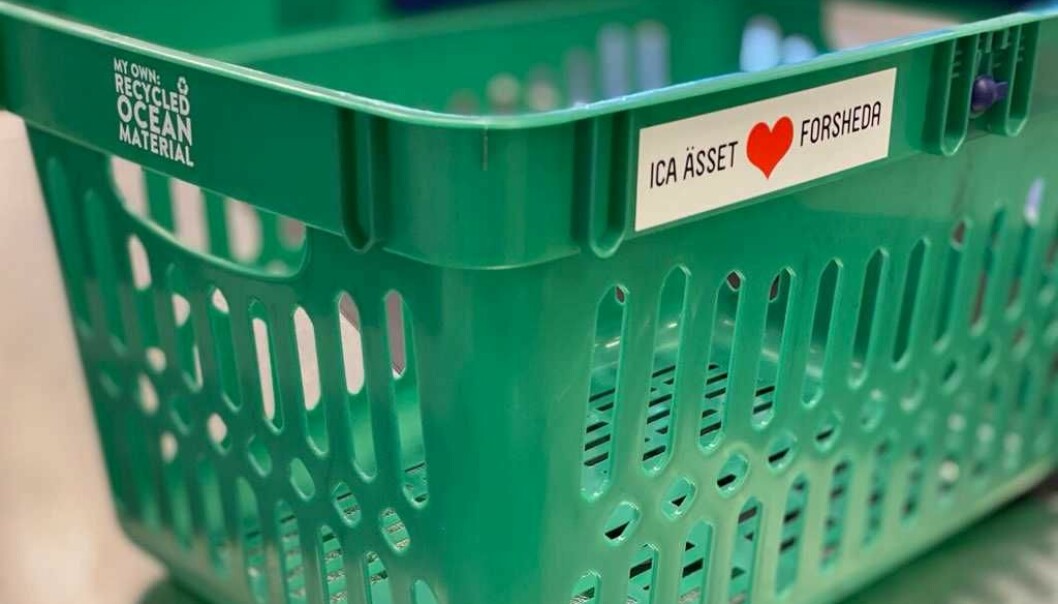 Kundkorgarna med 30 procent återvunnet material. Foto: ICA Ässet Nära Forsheda Kundkorgarna som man får köpa med sig hem.