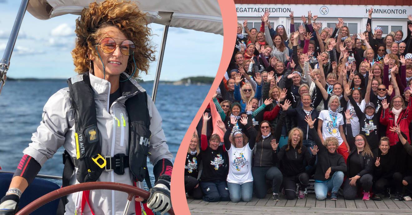 Anna Mourou på sin segelbåt och kvinnor som deltar i en eskader med nätverket She Captain i Stockholm.