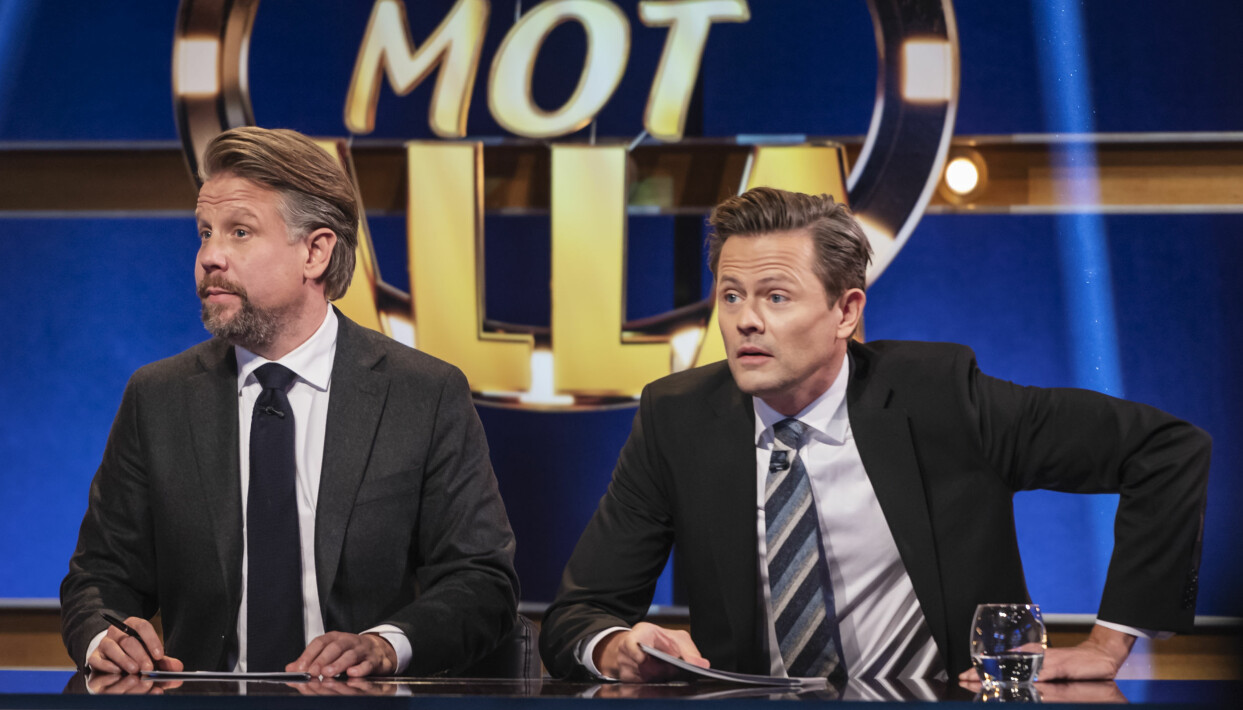 <i>Alla mot alla</i> med Filip och Fredrik försvinner hos de hushåll som är anslutna till Telia. Foto: Stina Stjernkvist/Expressen/TT Filip Hammar och Fredrik Wikingsson i Alla mot alla.