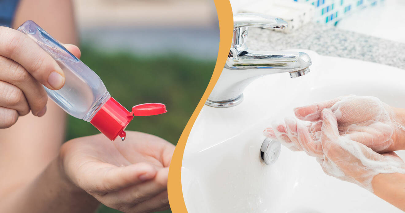 Kollage av bilder på kvinna som spritar händerna med alcogel och kvinna som tvättar händerna med tvål och vatten.