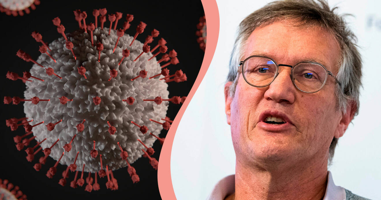 Kollage av coronavirus i närbild och Anders Tegnell.