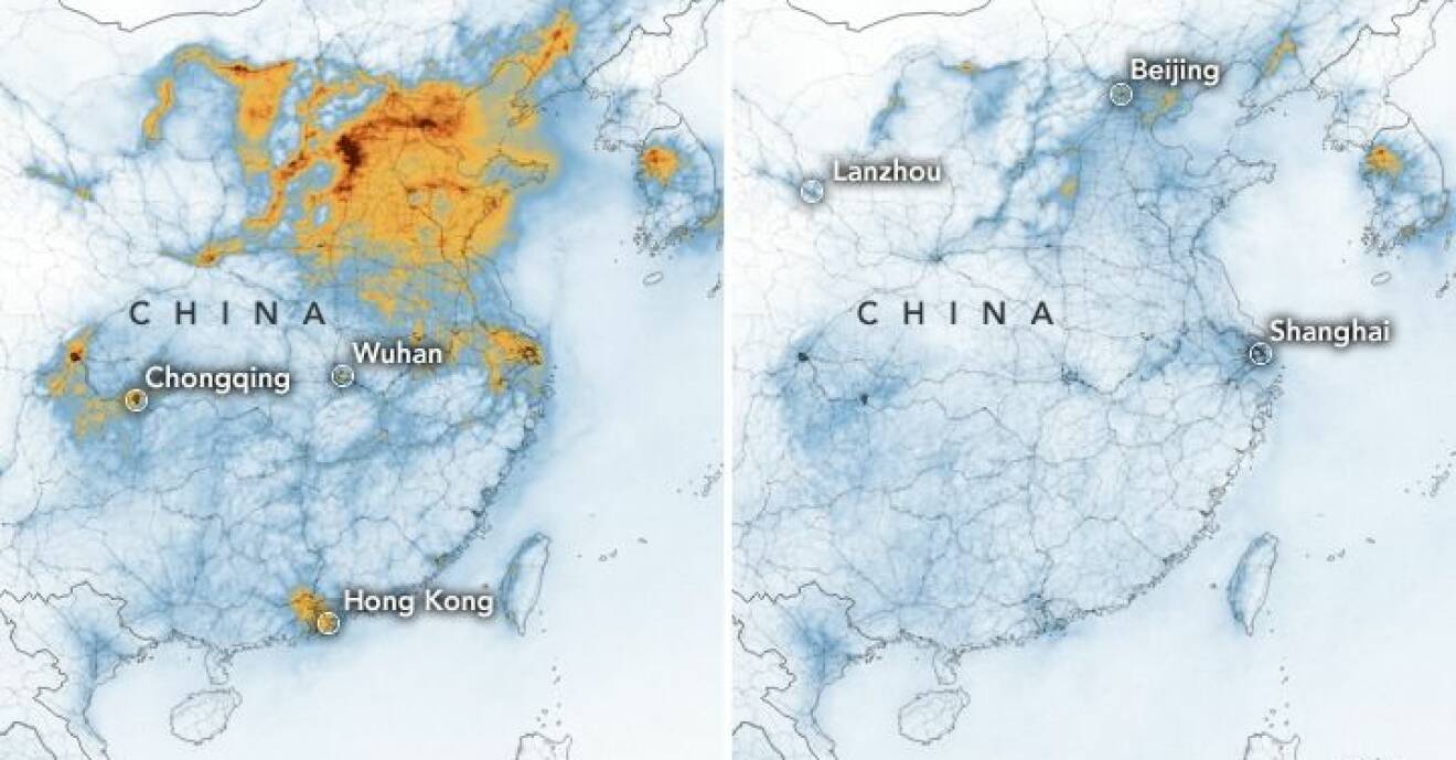 NASA:s satellitbilder över Kina visar hur mycket luftföroreningarna minskat från januari 2020 till februari 2020 på grund av coronaviruset.