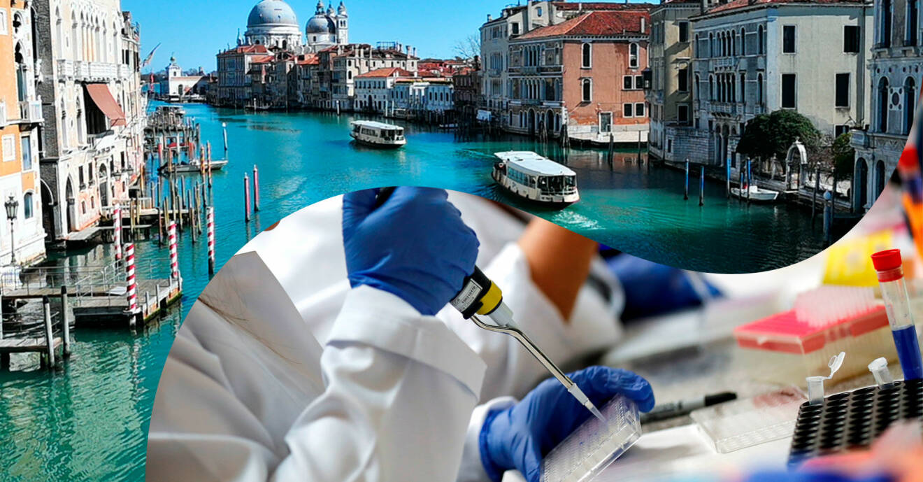 Delad bild: Till vänster, rent vatten i Venedigs kanaler. Till höger, forskare har testat vaccin mot coronavirus på människor