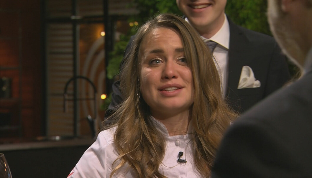En rörd Sofia Henriksson under finalen av <i>Sveriges mästerkock</i>. Foto: Meter/TV4 Sofia Henriksson i finalen av Sveriges mästerkock 2020.
