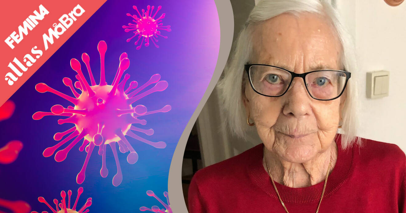Kollage av virusbild på covid-19 och 93-åriga Ketty som berättar om livet på ett coronadrabbat äldreboende.