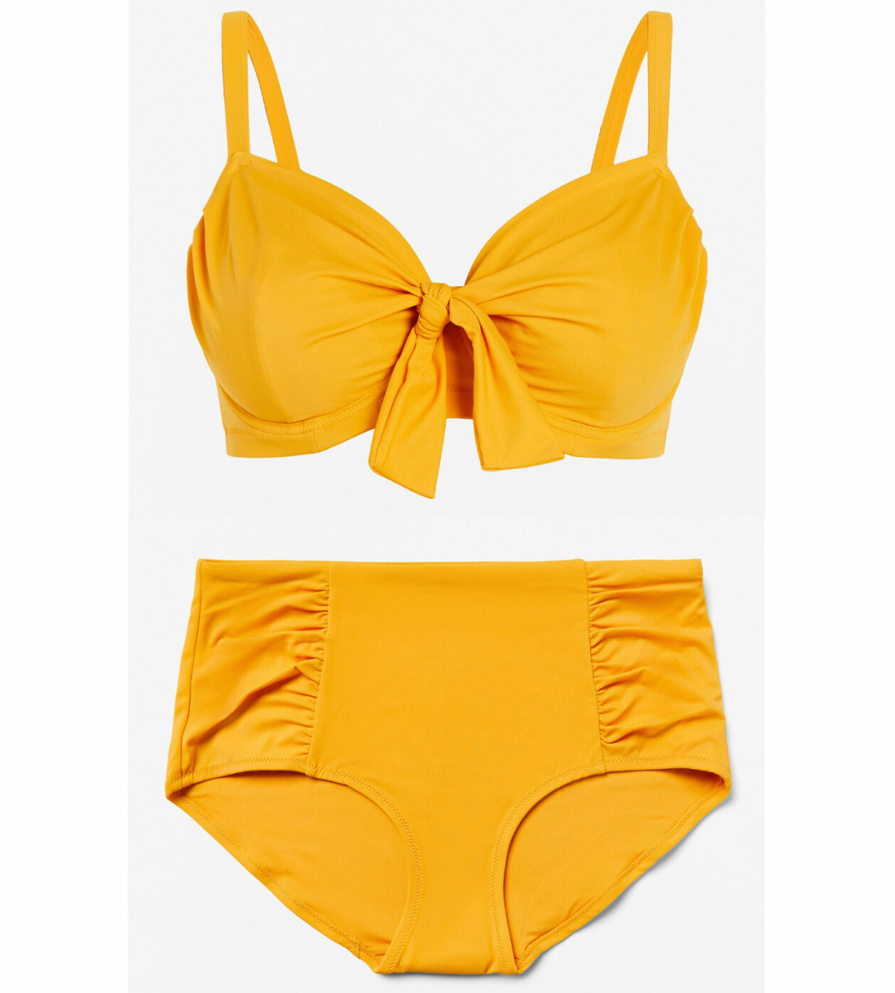 Gul bikini med knytdetaj fram samt drapering i sidorna på trosan, från Lindex