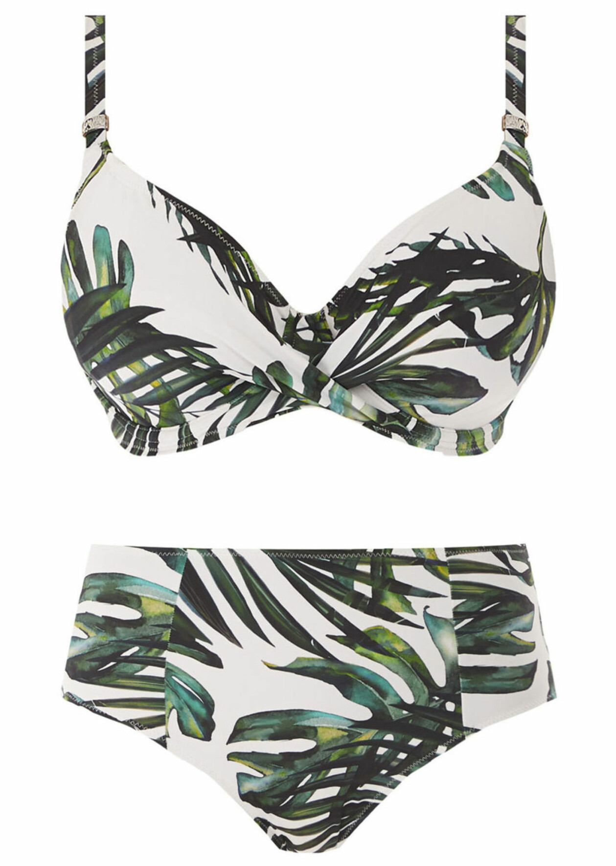 Bikini-behå botaniskt tryck och en smickrande omlott-detalj. Formfast trosa med lite högre midja, från Fantasie.