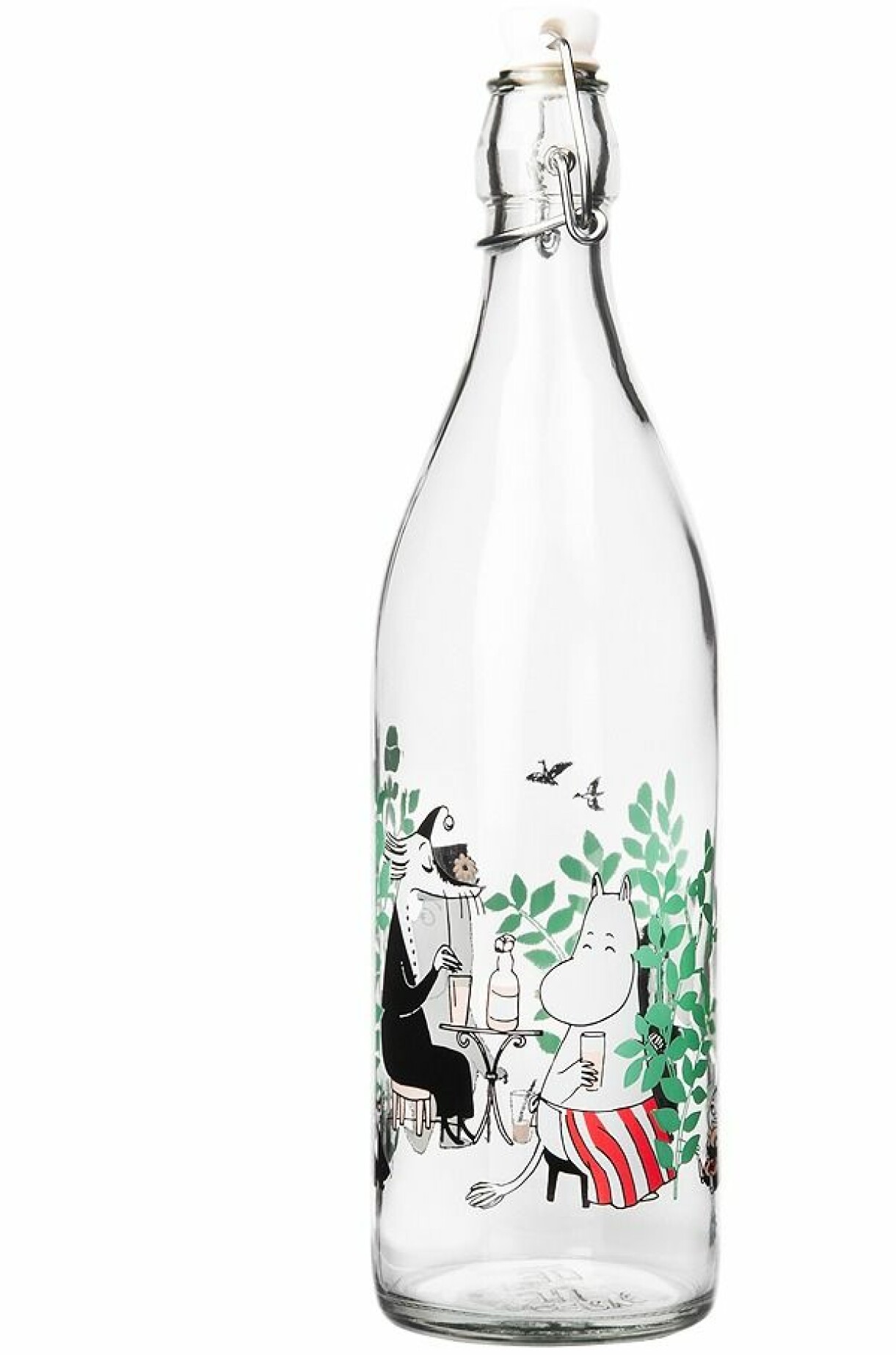 Återförslutbar glasflaska med muminmotiv.