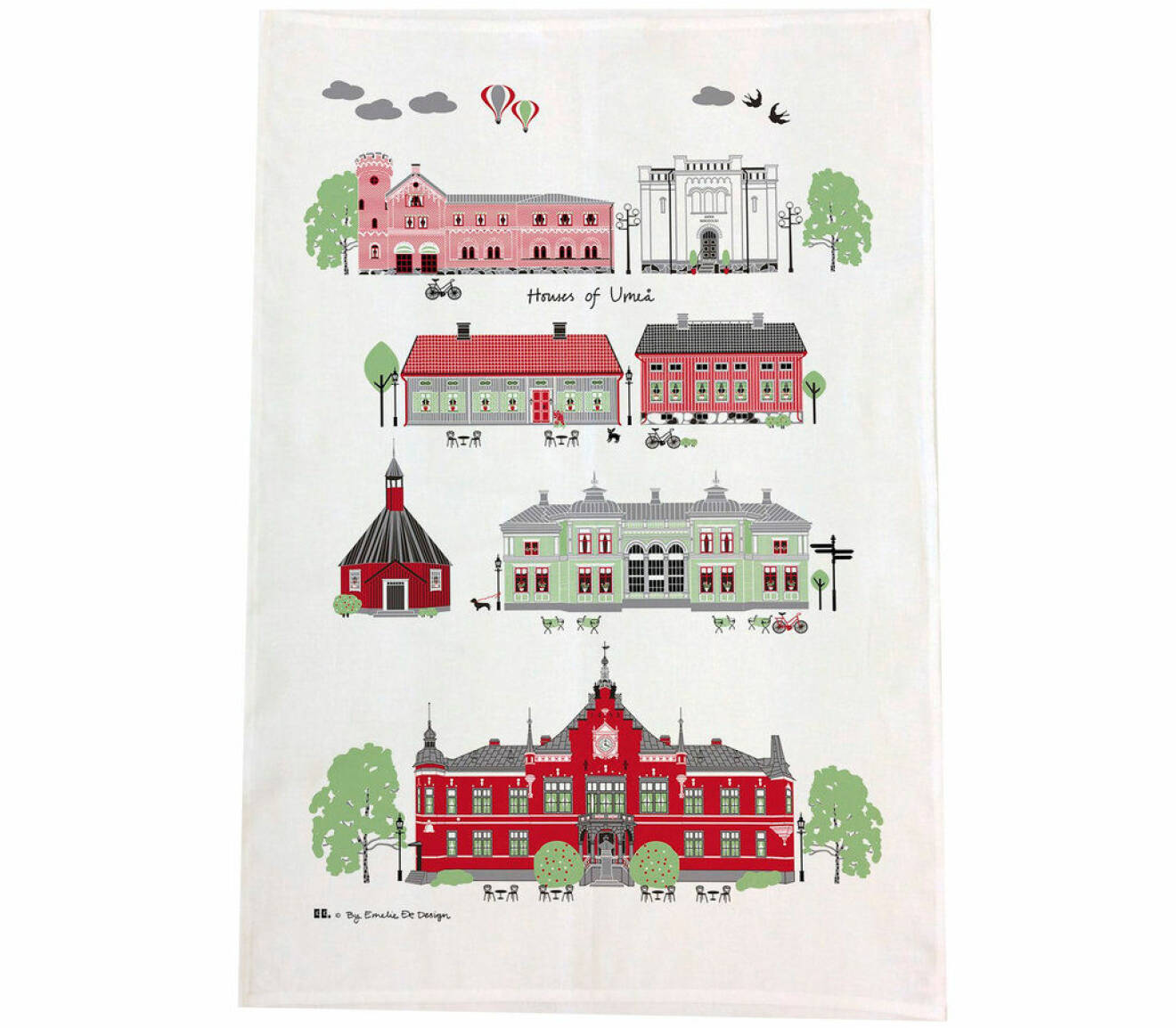 Kökshandduk med mönster av kända byggnader i Umeå.