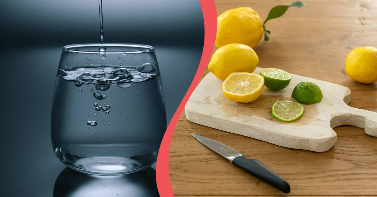 Delad bild. Till vänster: Ett glas vatten. Till höger: Citrusfrukter på en skärbräda