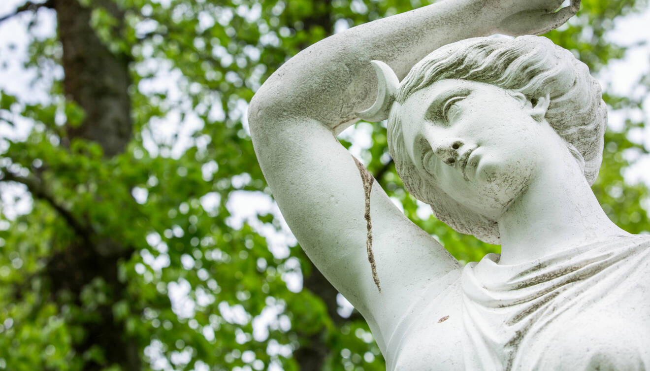 En vit staty av gudinnan Diana i närbild framför grönt buskage.