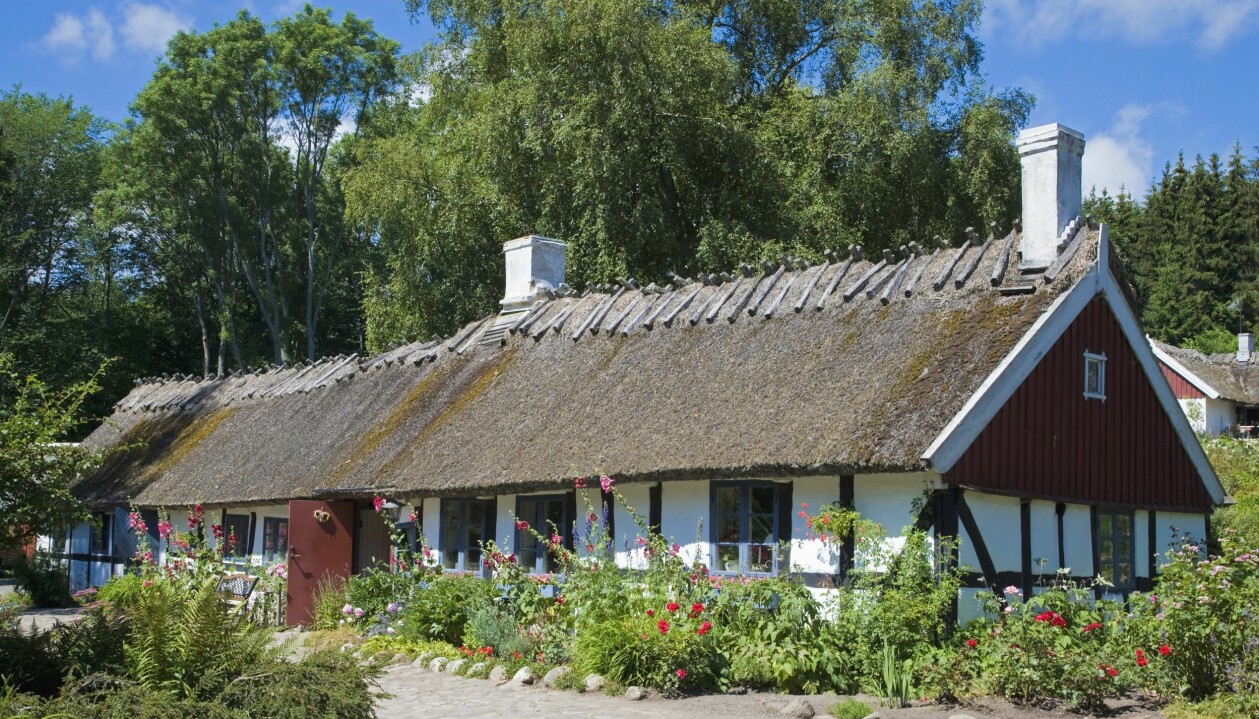 Ålderdomlig bymiljö med korsvirkeshus i närheten av Christinehofs slott. Foto: Staffan Andersson/ TT Ett mysigt avlångt korsvirkeshus med halmtak och prunkande rabatter.