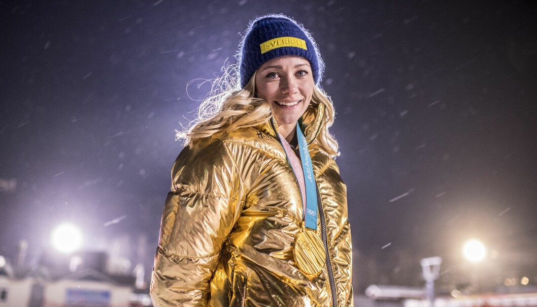 Frida Hansdotter med guldmedaljen runt halsen efter framgångarna i Pyeongchang 2018. Foto: Pontus Orre/Aftonbladet/TT Frida Hansdotter med guldmedaljen runt halsen under OS i Pyeongchang 2018.