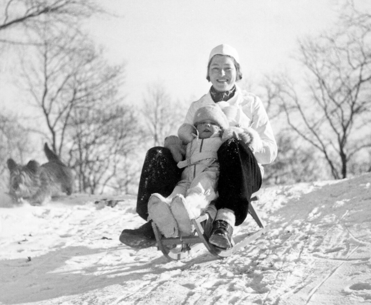 Prinsessan Margaretha åker kälke i snön på Haga med mormor 1937. Foto: TT Mormor Victoria åker kälke med prinsessan Margaretha
