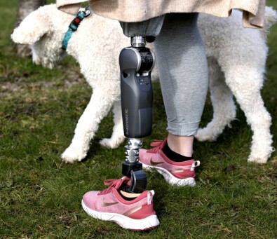Hunden Melker känner av när ett smärtpåslag är på gång. Benprotes på kvinna som är ute och går med hund.