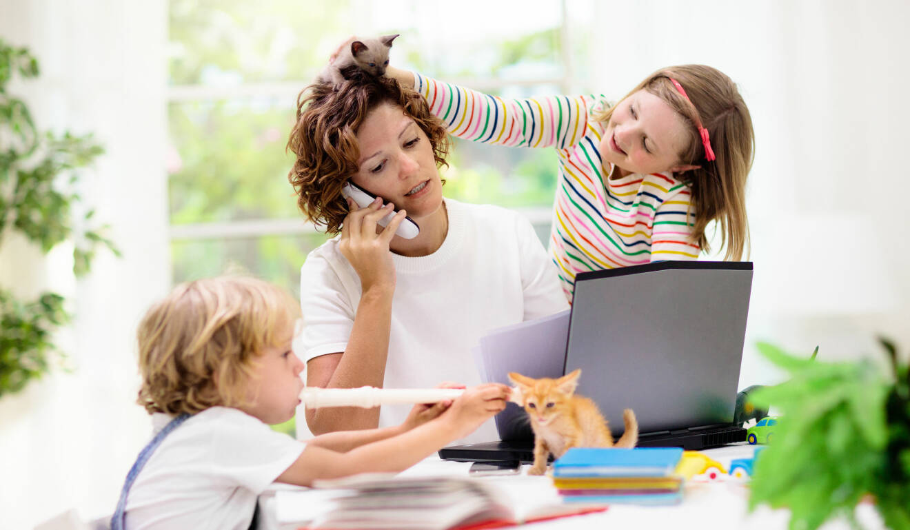 En stressad mamma sitter och pratar i telefon med sin dator framför sig. Bredvid henne finns två barn, en pojke som blåser i en flöjt och en flicka som leker med en kattunge på mammans huvud.