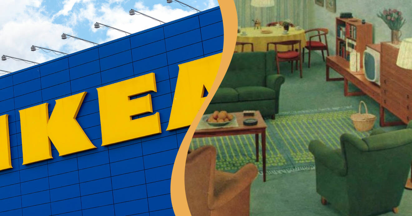 Kollage av IKEA-skylt och en sida ur Ikeakatalogen från 1961.