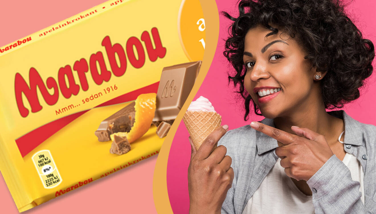 Kollage av kvinna som äter glass och en chokladkaka från Marabou.