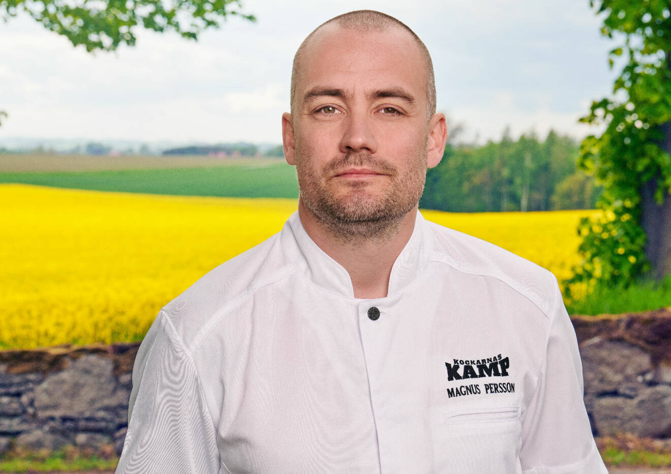 Stjärnkocken Magnus Persson framför et gult blommande rapsfält.