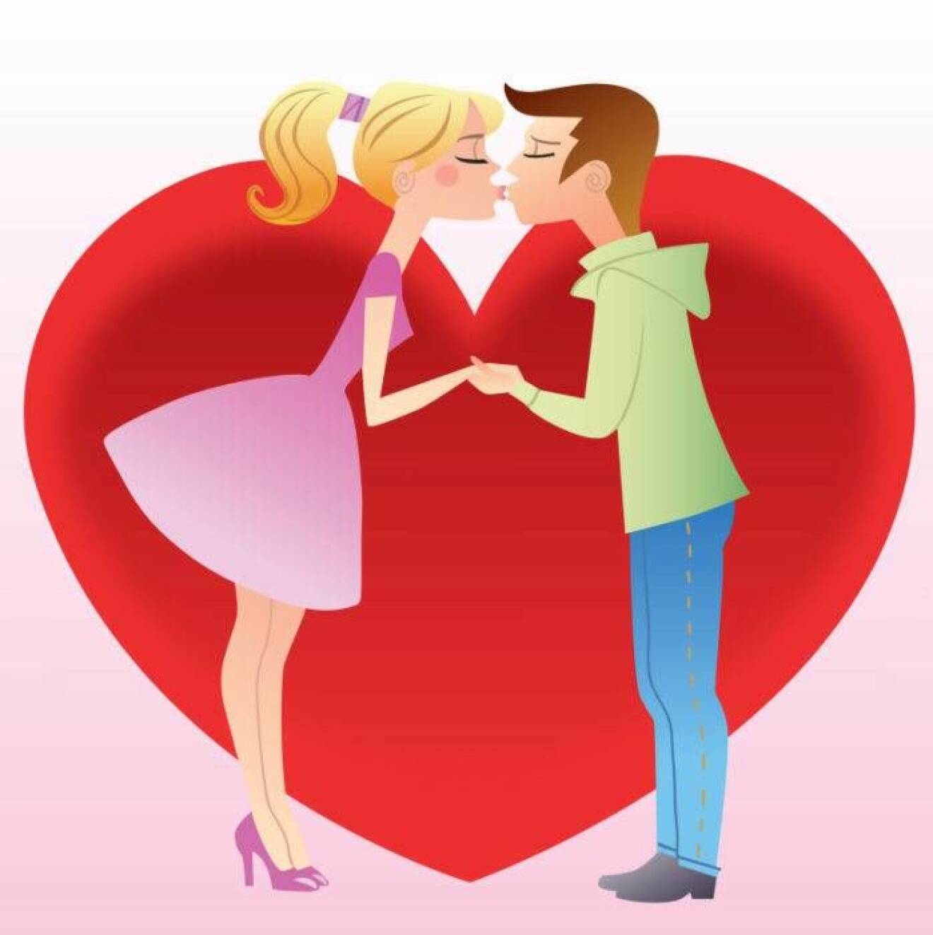 Teckning av kyssande par framför stort hjärta.