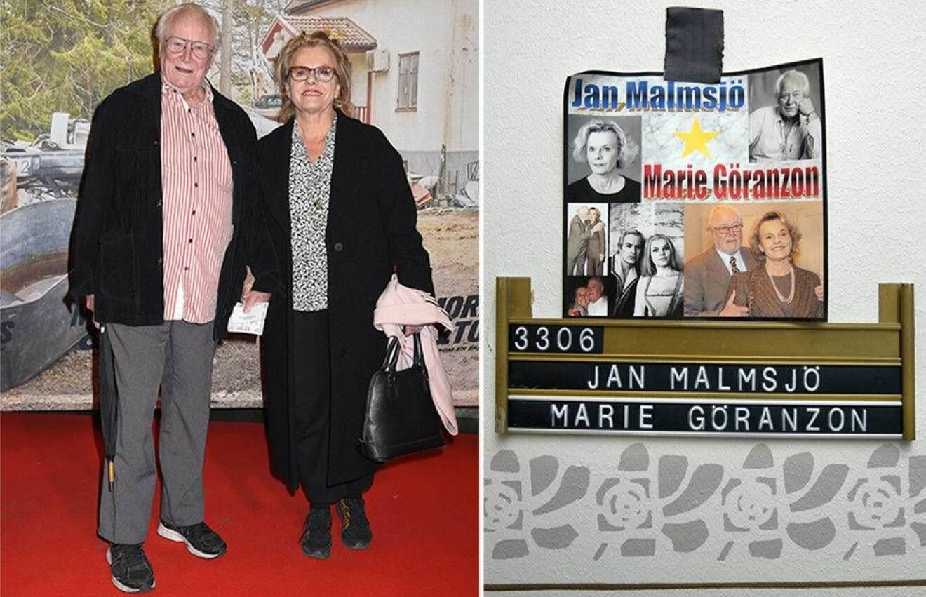 Marie Göranzon med maken Jan Malmsjö och namnskylten på deras delade loge på Dramaten.