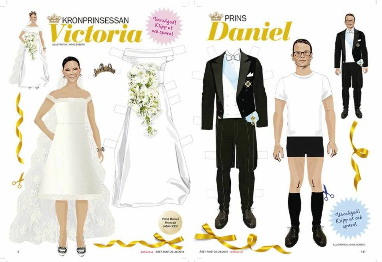 Victoria och Daniel som klippdockor med bröllopskläder.