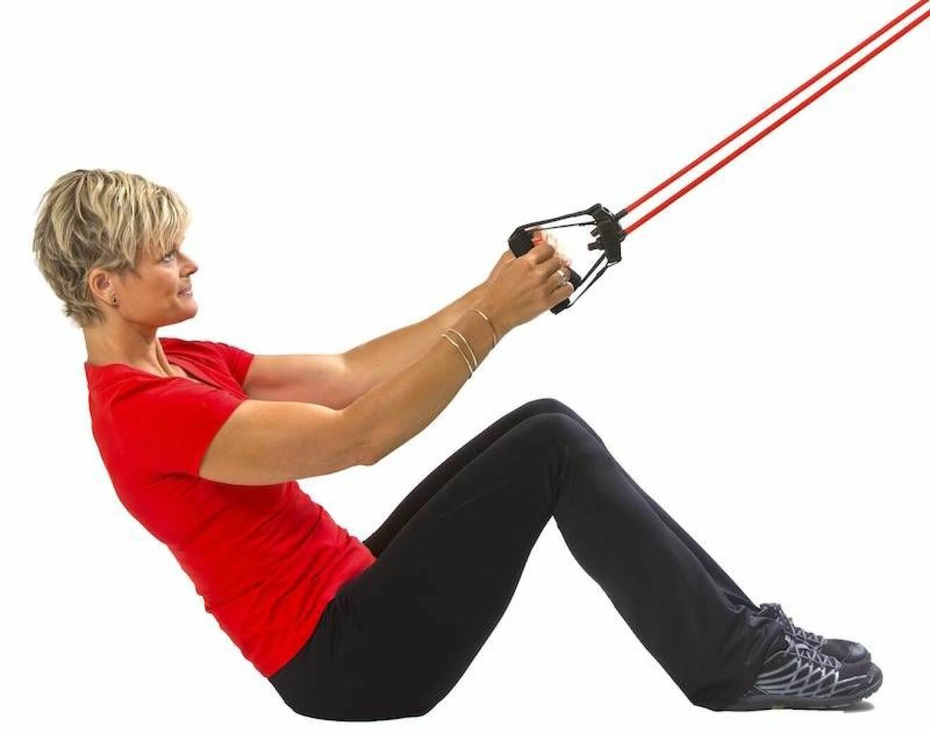 Böj benen. Jobba med magmuskler och höftböjare, men hjälp också till med armmusklerna.